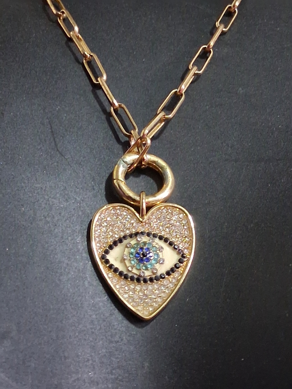 Gold Paperclip Chain Evil Eye Heart Pendant Necklace Sparkly Crystal Baublebar